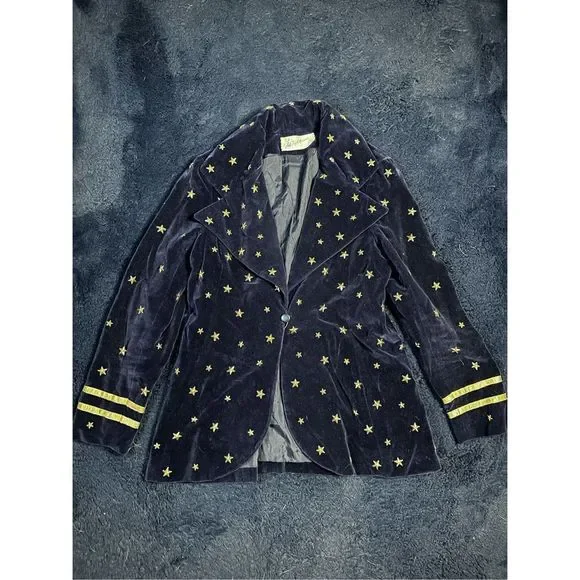 Vintage 1960s Union Made Saks Fifth Ave Blue Velour Star All Over Blazer Jacket - Picture 1 of 10